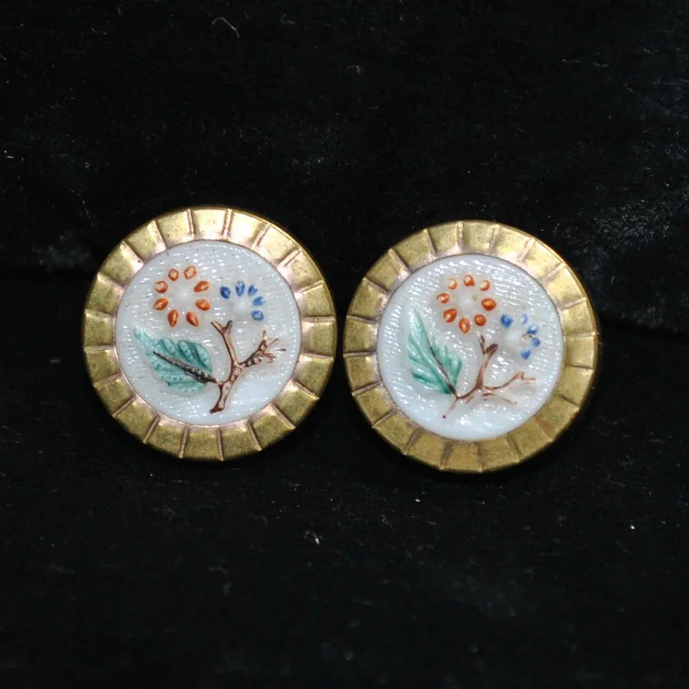 Antique Victorian Milk Glass Cufflinks with Painted Flowers